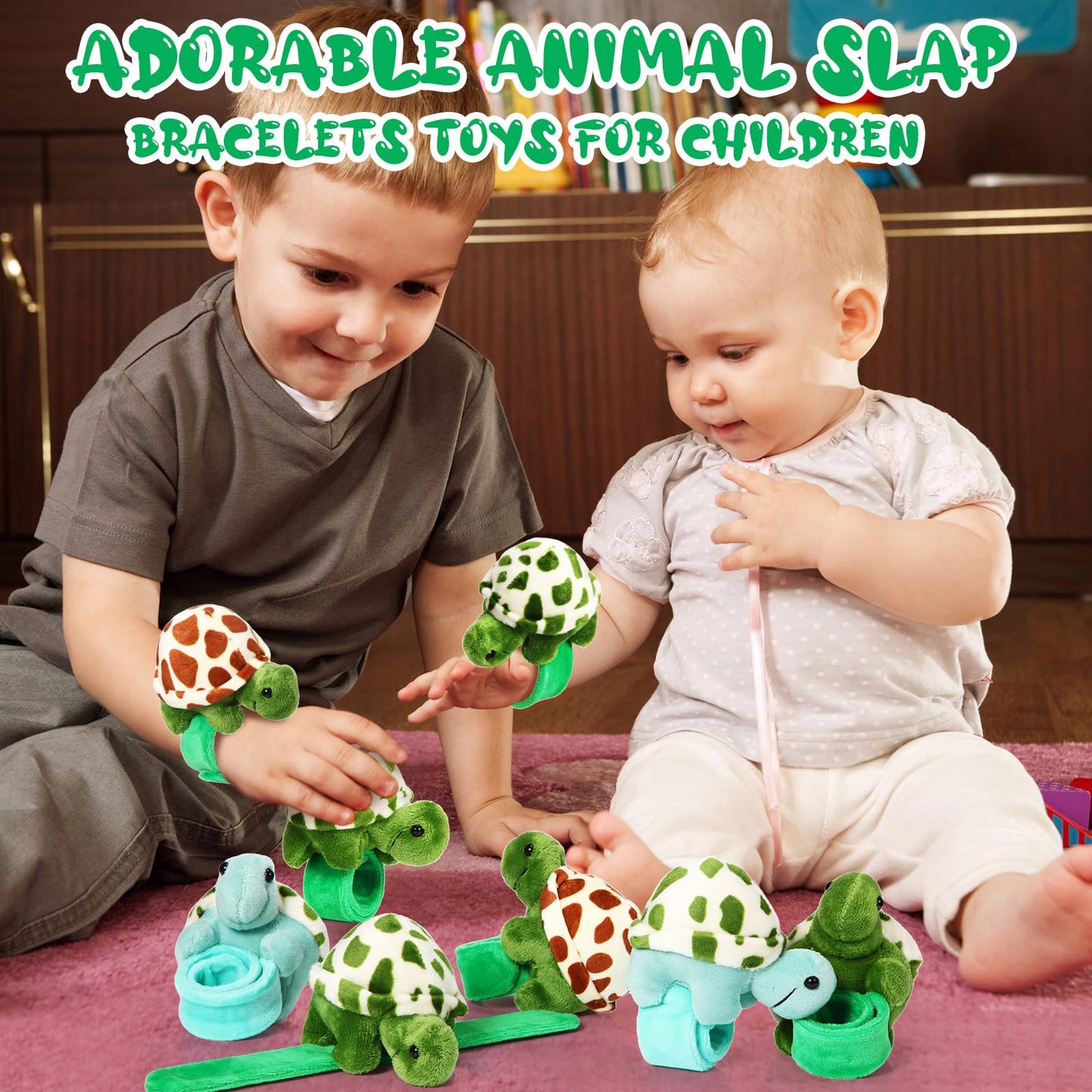 Lenwen 8 Pcs Turtle Stuffed Animals Slap Bracelets For Kids Plush Animal Cute Wrist Slap Bands For Birthday Party Favors Boys Gi