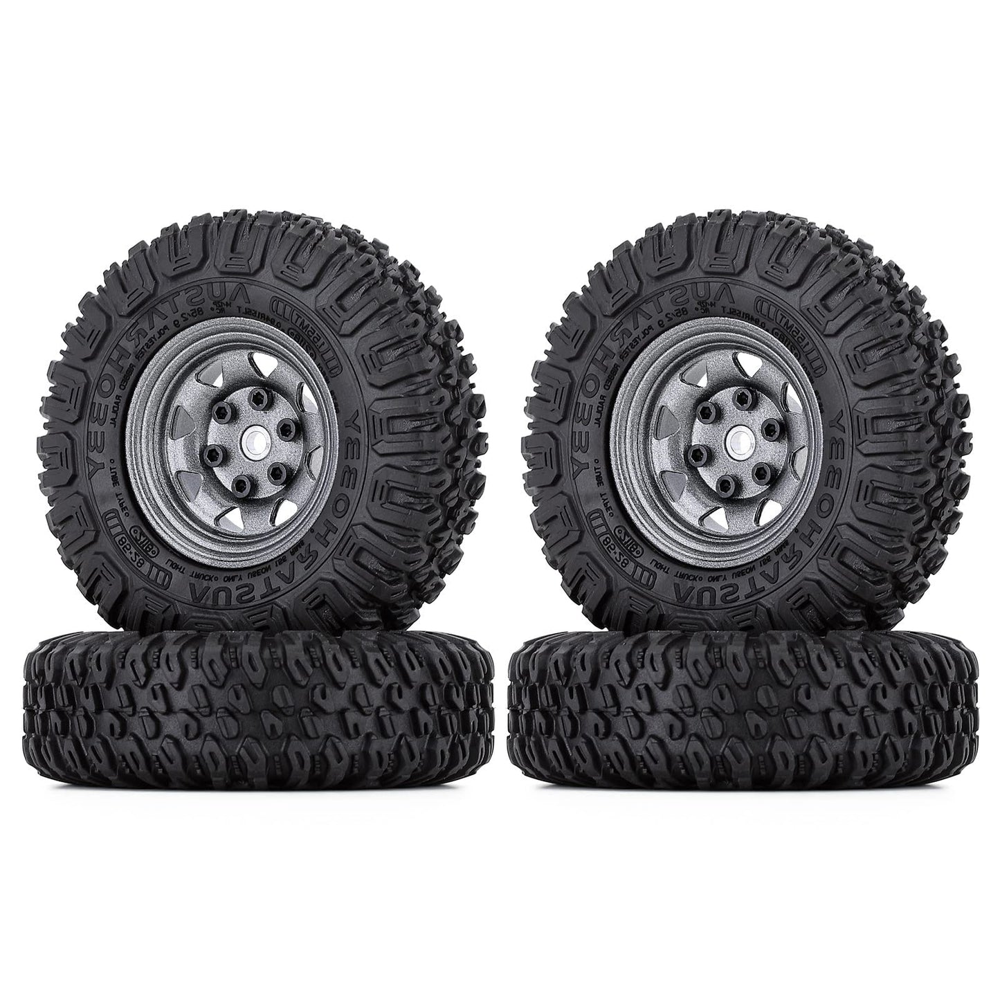 WONFAST 4PCS 1.55 inch 85mm Rubber Terrain Crawler Tires Metal Beadlock Wheel Rims Tires Set Compatible with 1/10 RC Crawler Car