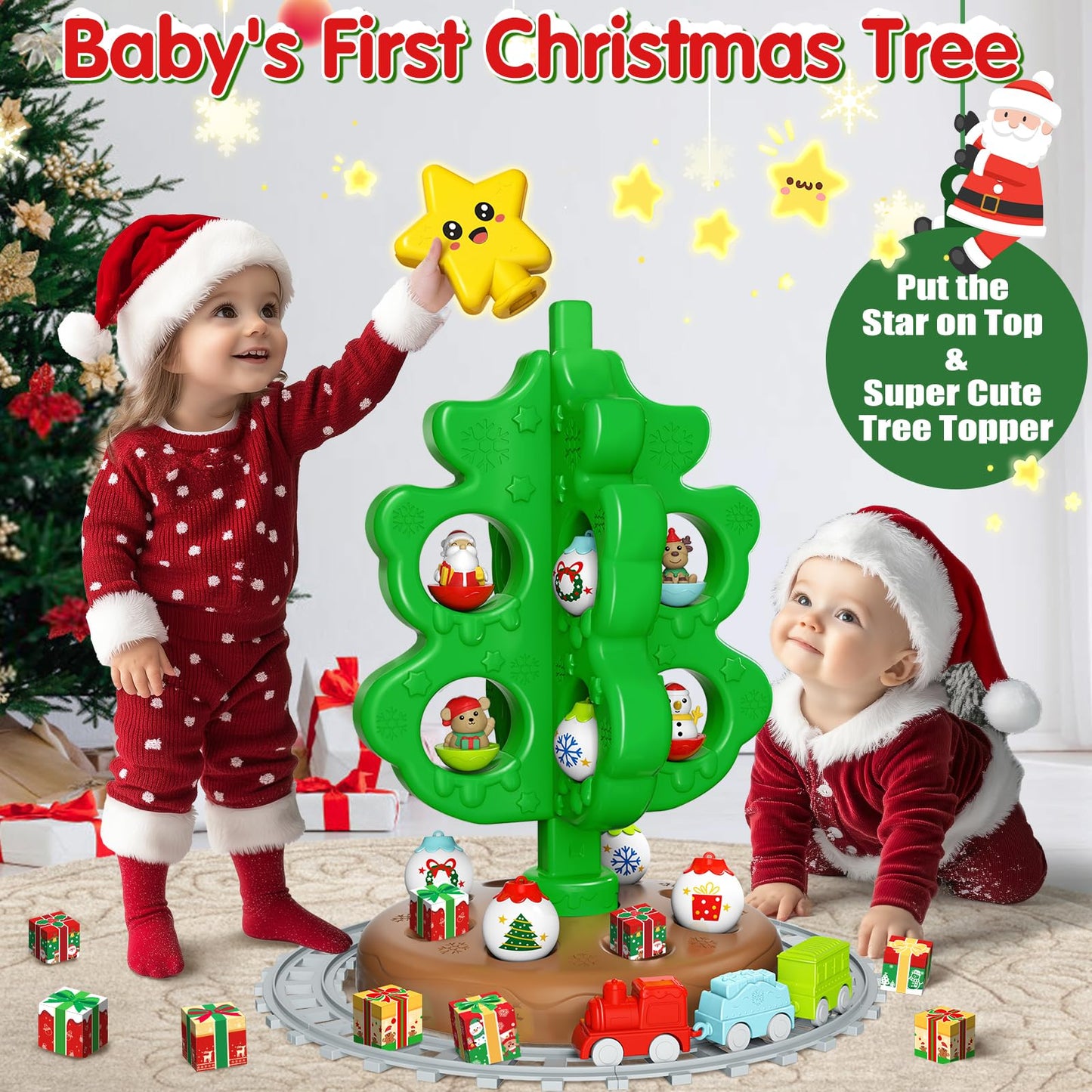 maysida Baby First Mini Christmas Tree for Kids, Learning Toys Colorful Plastic Finger Puppets Snowman/Elk/Santa Tumblers for To