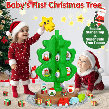 maysida Baby First Mini Christmas Tree for Kids, Learning Toys Colorful Plastic Finger Puppets Snowman/Elk/Santa Tumblers for To