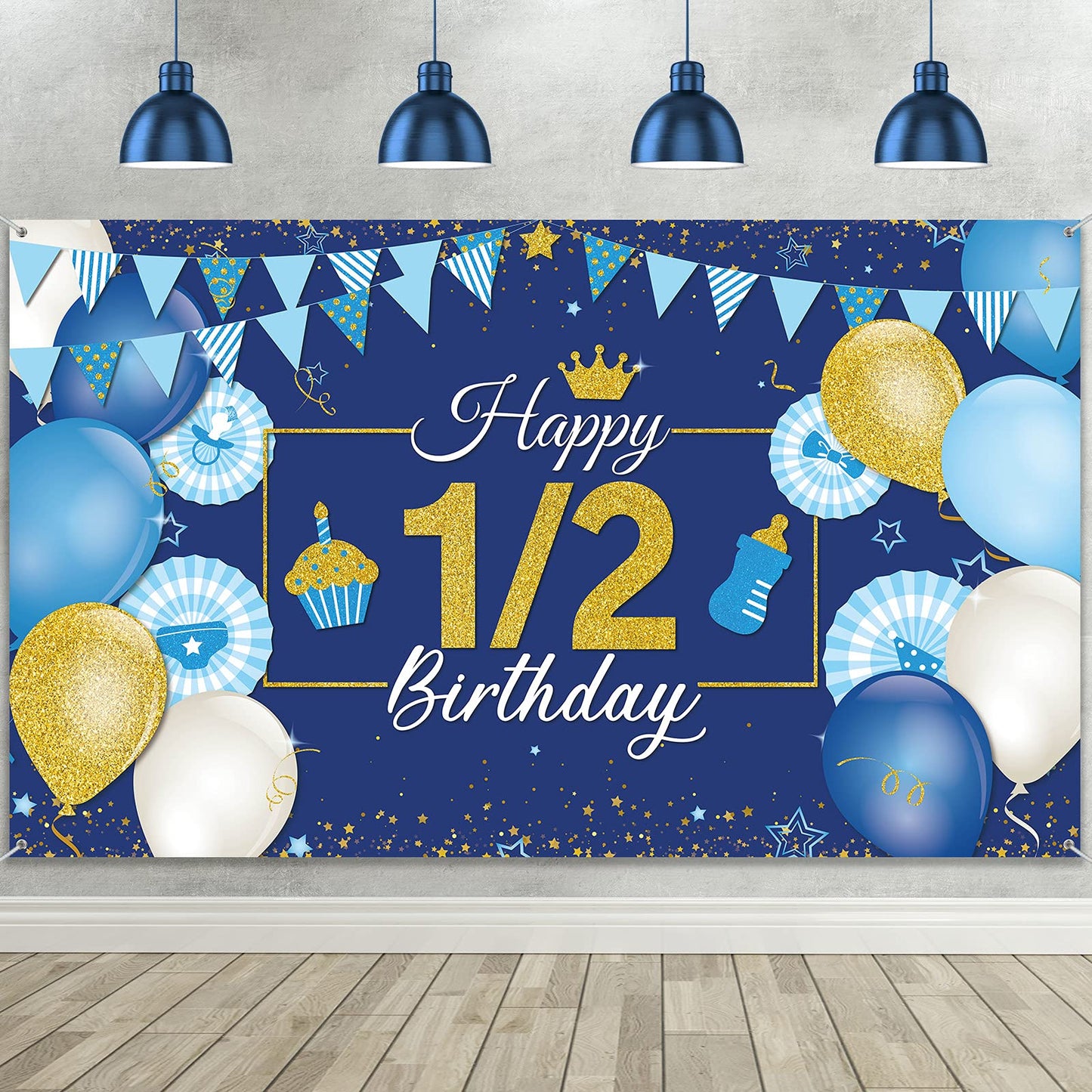 1/2 Birthday Decoration Backdrop Blue and Gold Half Birthday Banner 6 Months Happy Birthday Background Half Birthday Party Suppl