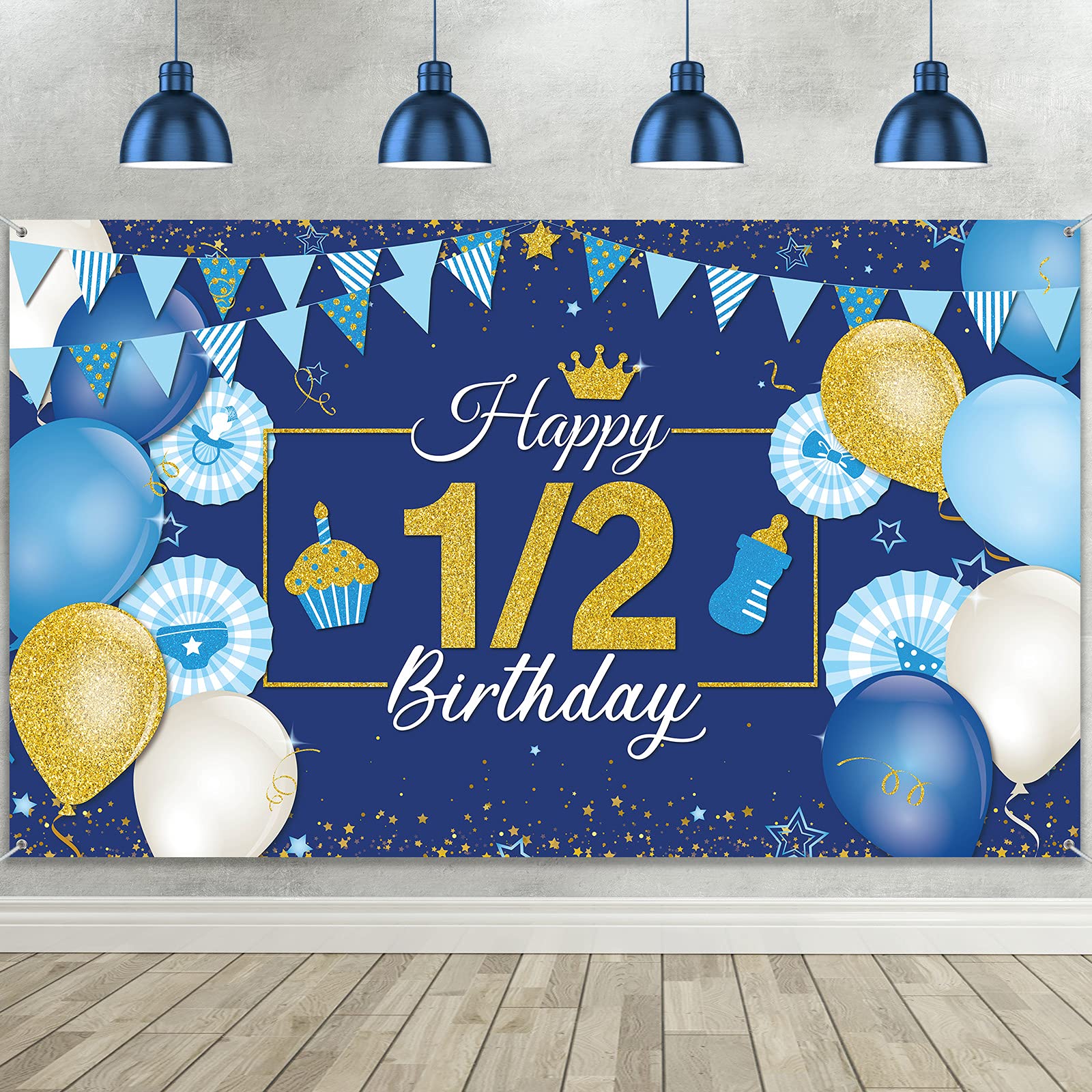 1/2 Birthday Decoration Backdrop Blue and Gold Half Birthday Banner 6 Months Happy Birthday Background Half Birthday Party Suppl