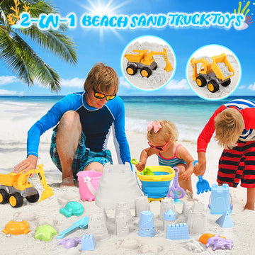 FHOZGECY Beach Toys, 21Pcs Sand Toys, Sandbox Toys with 2 in 1 Beach Truck, Collapsible Sand Bucket, Sand Castle Toys, Animal Mo