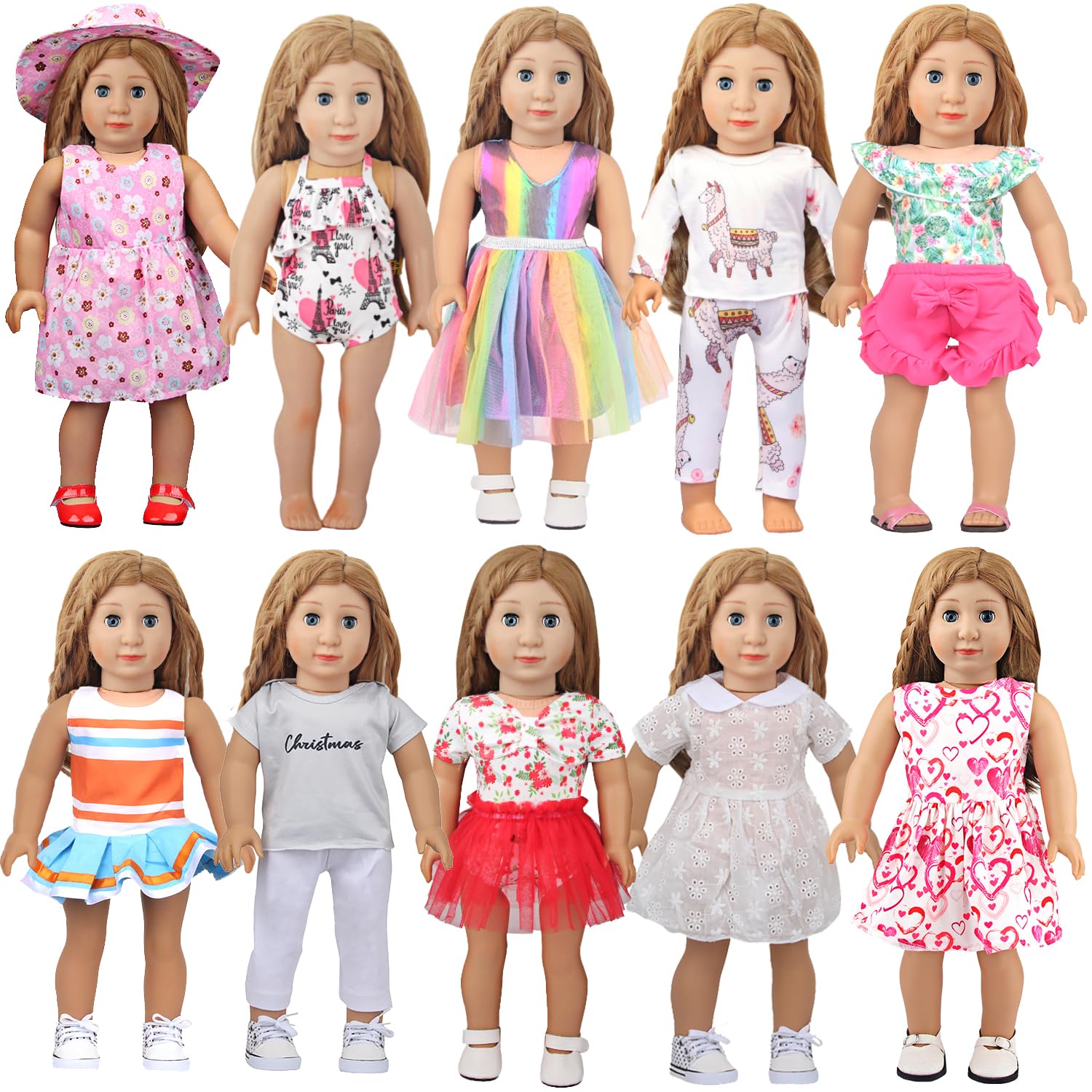 Augfrog 10 Sets Of 18 Inch American Doll Clothes, Including 10 Of Doll Clothing Dress Outfits For Gift Dolls, Birthday Gifts For