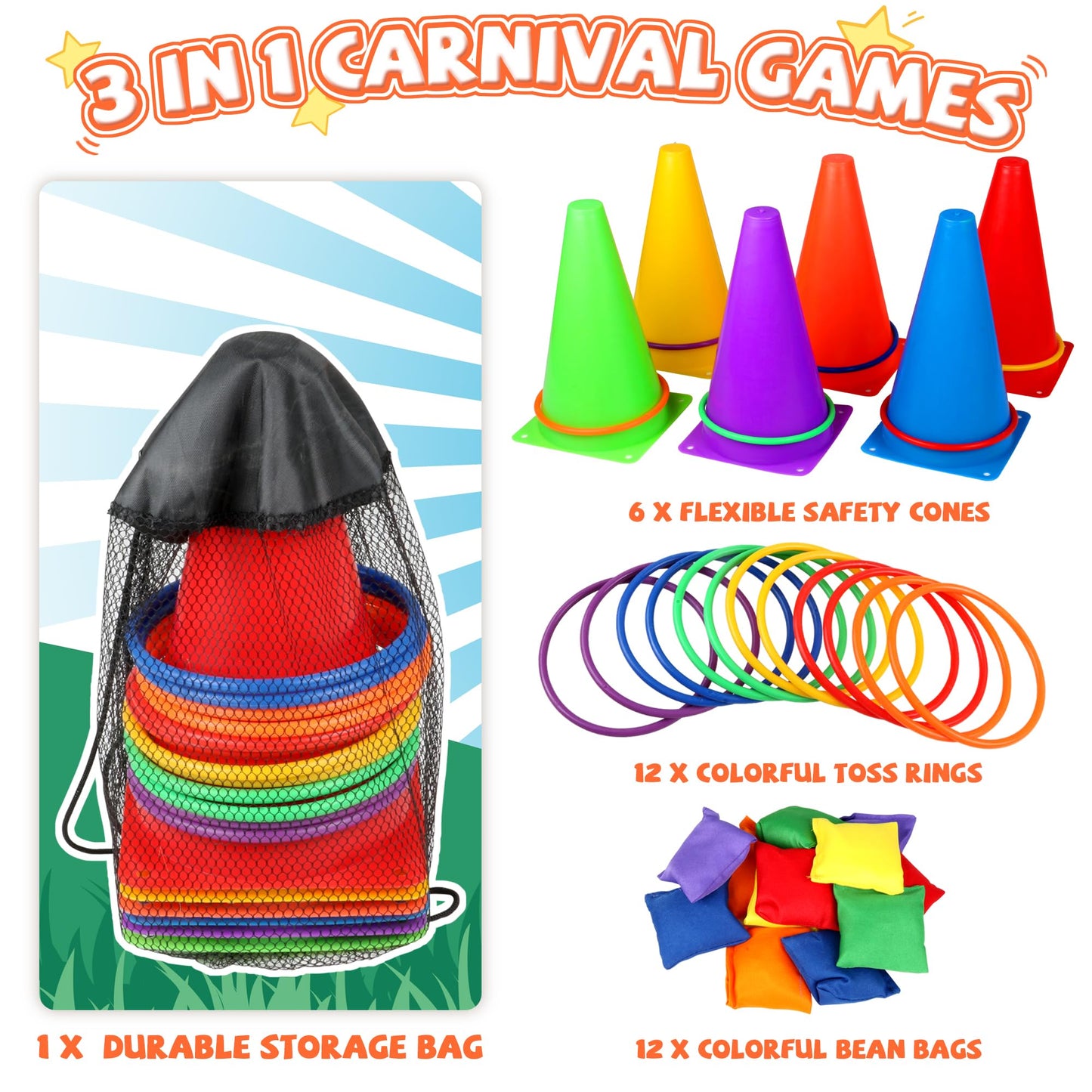 31 Pcs Christmas Carnival Games, 3 In 1 Indoor Outdoor Bean Bag Ring Toss Games For Kids Birthday Party, Plastic Soft Cones Yard Lawn Game For Family Party Kid'S Gift