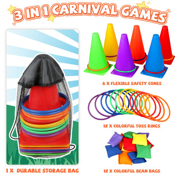 31 Pcs Christmas Carnival Games, 3 In 1 Indoor Outdoor Bean Bag Ring Toss Games For Kids Birthday Party, Plastic Soft Cones Yard Lawn Game For Family Party Kid'S Gift