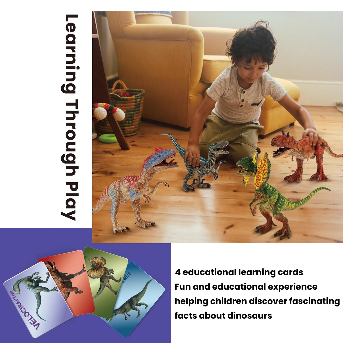 Zippytots 4 Pcs Big Dinosaur Toys For Kids 3-5 Realistic Dinosaur Figures With Learning Cards & Movable Parts- Jumbo Dino Toys F