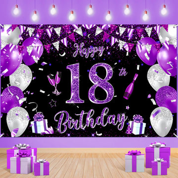 Purple 18Th Birthday Decoration Banner For Girls Large Black Purple Silver Happy 18Th Birthday Banner Purple And Black 18Th Background For 18Th Birthday Anniversary Party Supplies