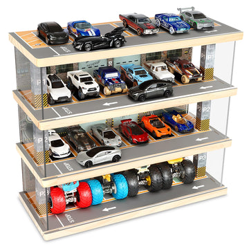 Saichotoy Hot Wheels Storage: Toy Car Parking Garage Diorama With Lights - Freestanding Display Case For 1/64 Scale Diecast Cars