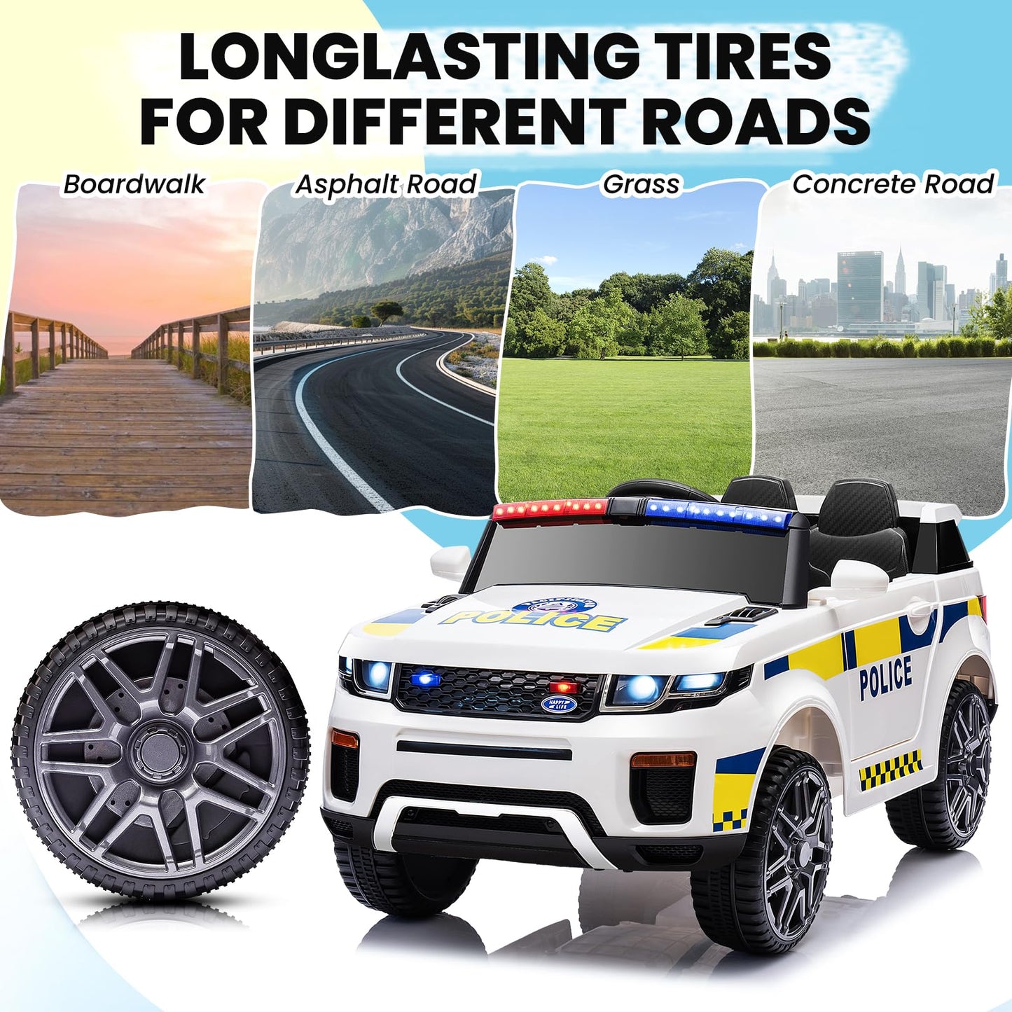 Hikole 12Volt Kids Electric Police Car With Remote Control, Battery Operated Kids Cop Cars, Music, Megaphone, Siren, Flashing Li