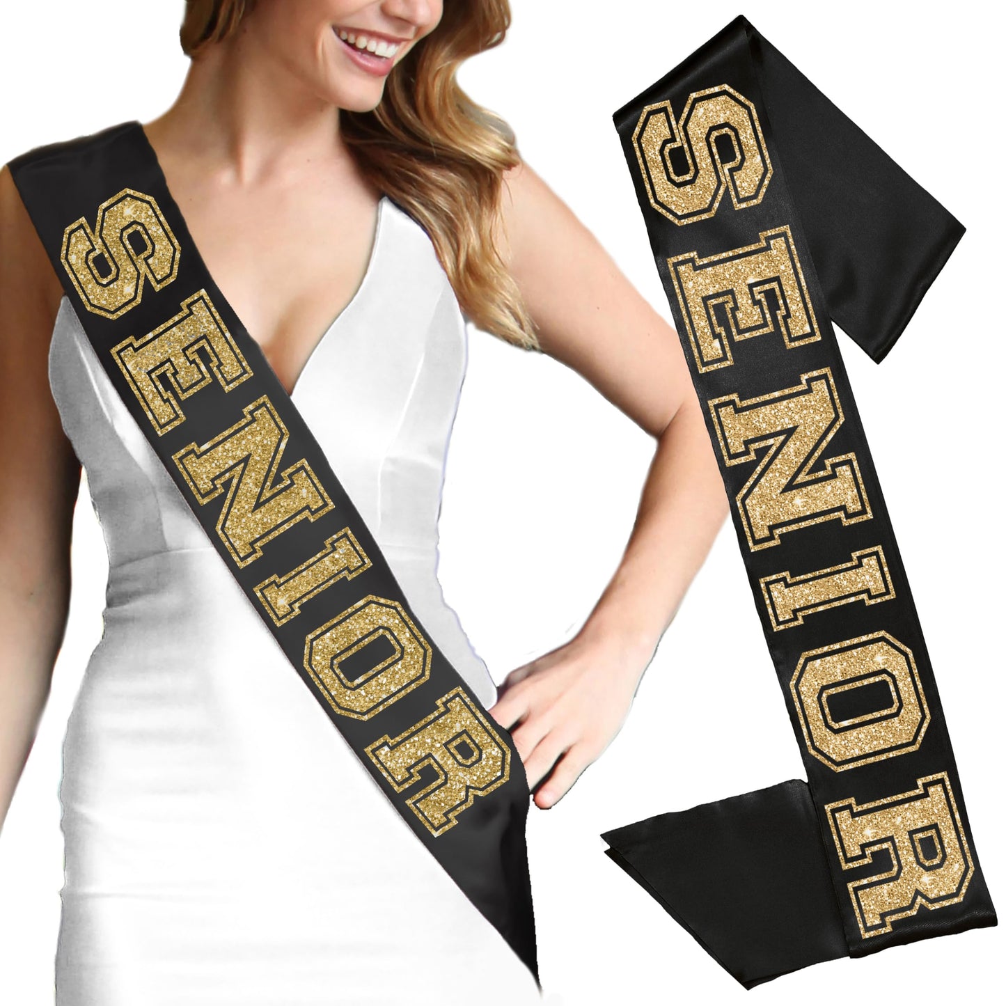 Rhinestonesash Senior Sash - Senior Gold Glitter Black Premium Quality Premium Grade Satin Sash - Senior Send Off Gifts - Black