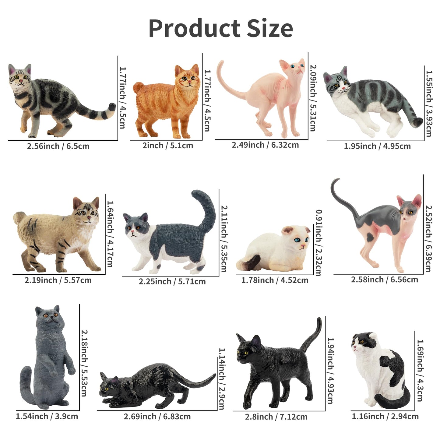 EYSCOTA 12PCS Cat Figurines - Realistic Plastic Kitten Toys, Colorful Cake Toppers for Kids & Children, Model CAT-001