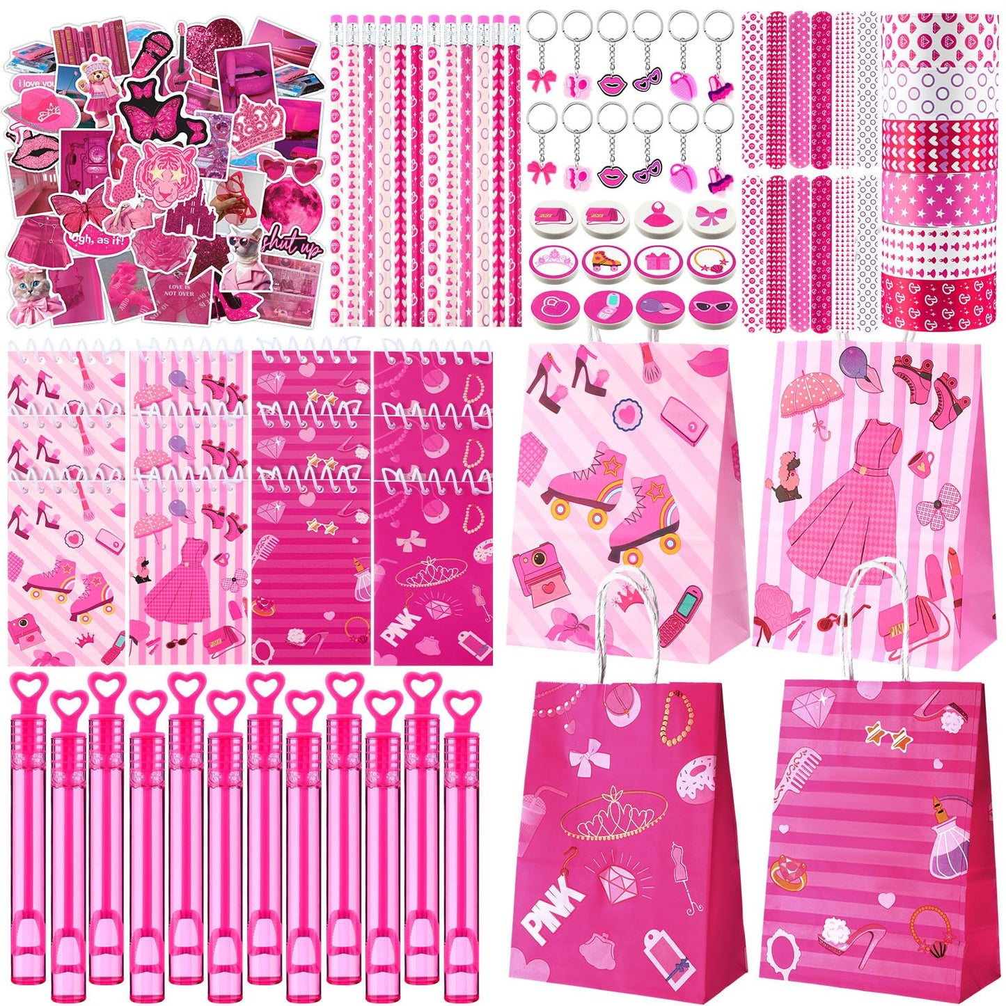 Fuyoooo 134 Pcs Hot Pink Princess Party Favors Kit for 12 People Pink Princess Party Supplies Include Gift Bags Mini Notepads Pe