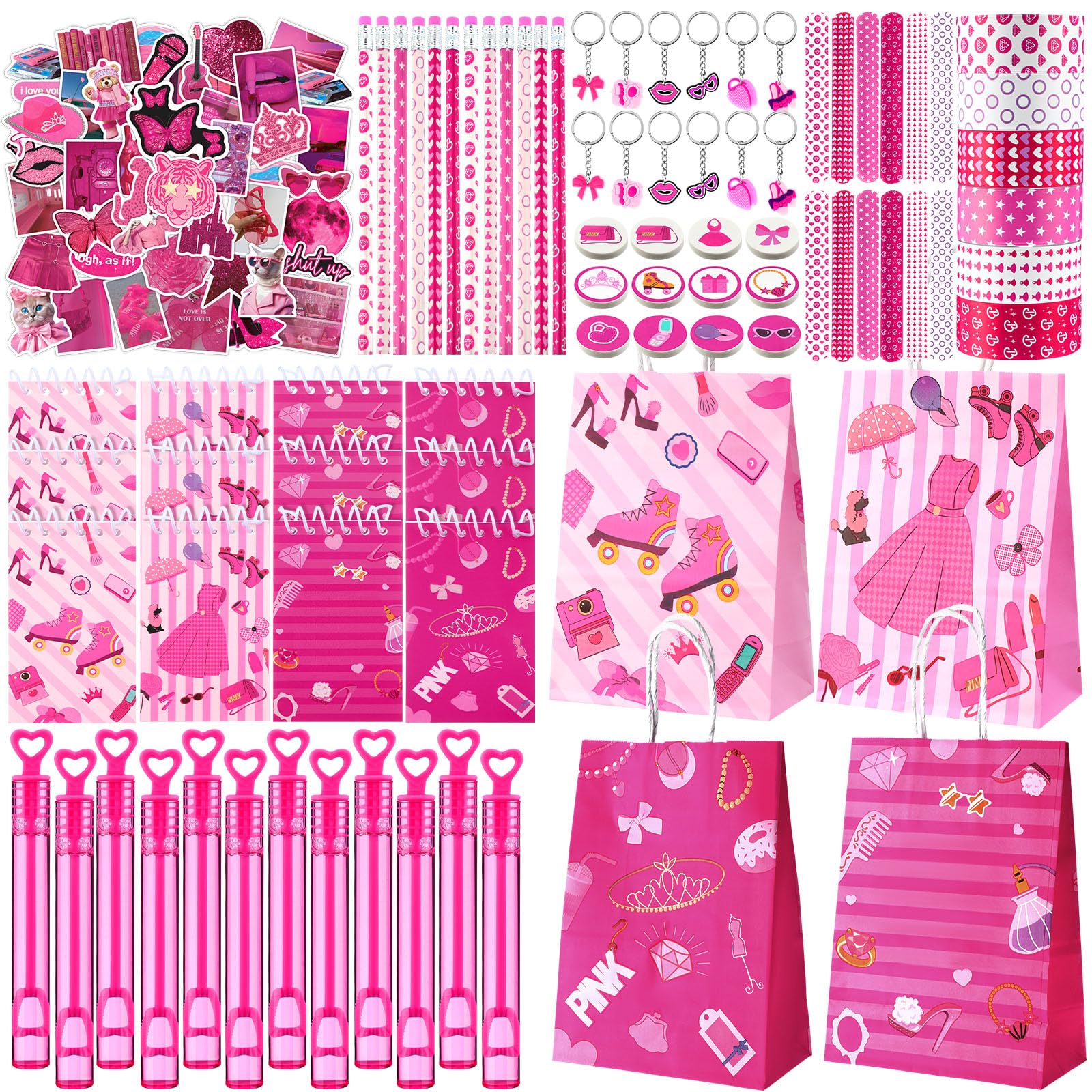 Fuyoooo 134 Pcs Hot Pink Princess Party Favors Kit for 12 People Pink Princess Party Supplies Include Gift Bags Mini Notepads Pe