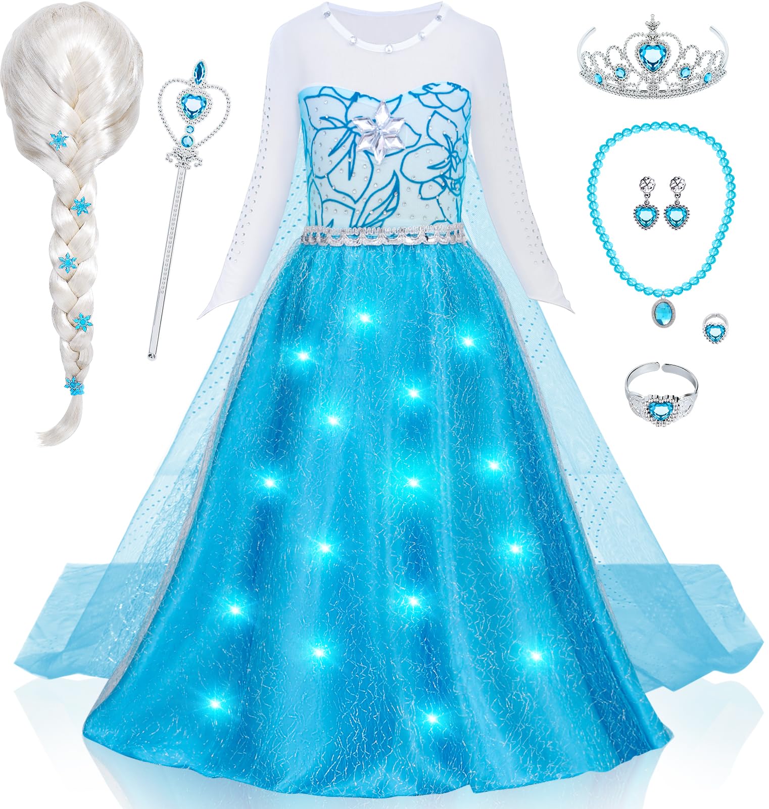 G.C Girls Light Up Elsa Dress Costume Toddler Princess Dress Up With Cape Kids Elsa Wig Crown Wand Toys Halloween Cosplay Birthd