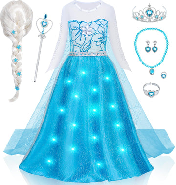 G.C Girls Light Up Elsa Dress Costume Toddler Princess Dress Up With Cape Kids Elsa Wig Crown Wand Toys Halloween Cosplay Birthd