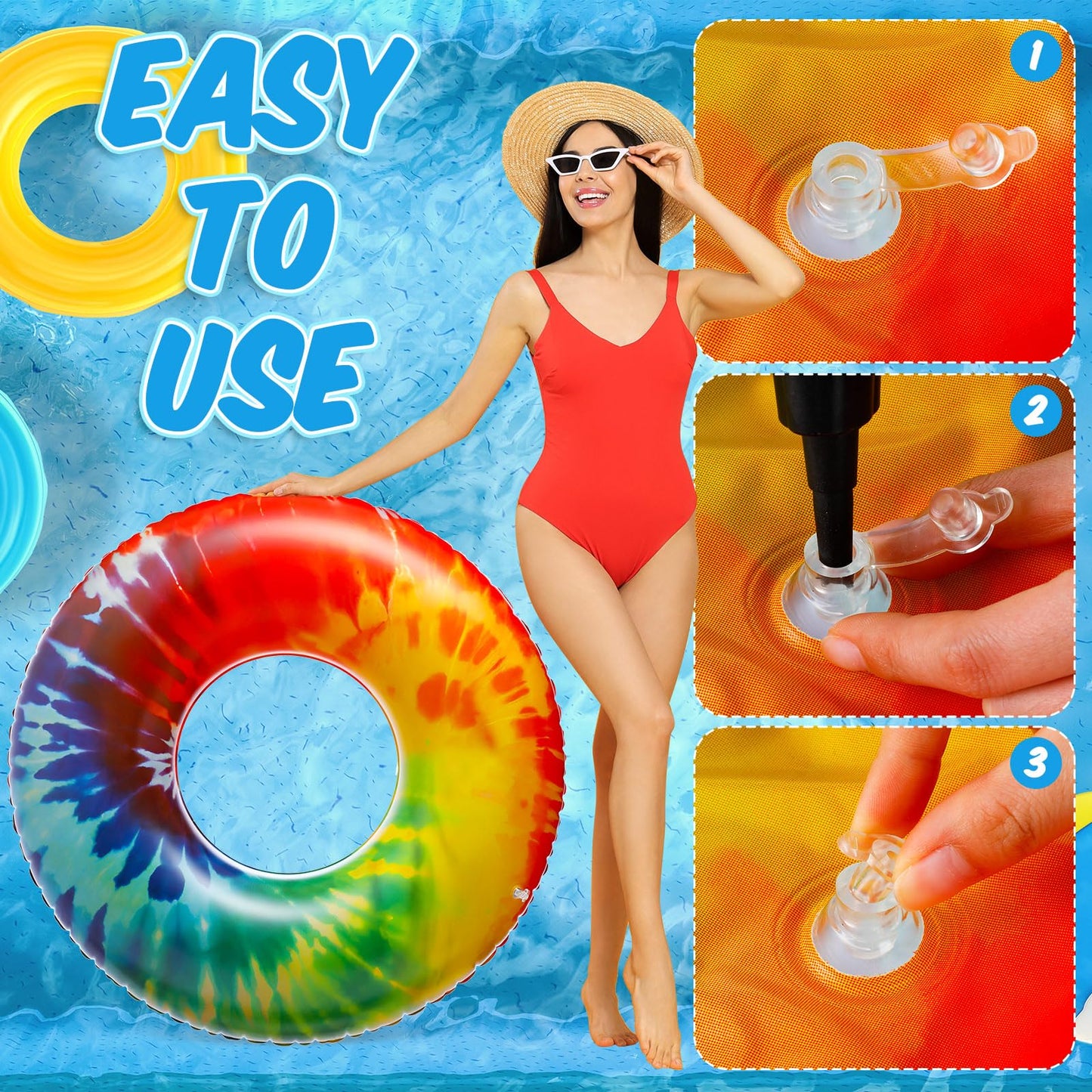 Simgoing 3 Pcs Jumbo Inflatable Pool Floats Rings  Tie Dye Tube Float 47.24 Inch Large Colorful mature-themed Floaties Rainbow Swimming Ring Water Floaty Toy for mature-themed Summer Pool Beach Party Supplies