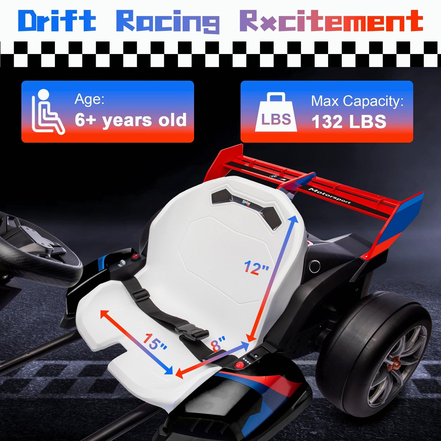 24V 9Ah Electric Go Kart With Adjustable Seat, 7.5 Mph Drift Kart For Kids Age 6-12, 2 * 200W Motors, Drift Mode And 2 Speed, Li