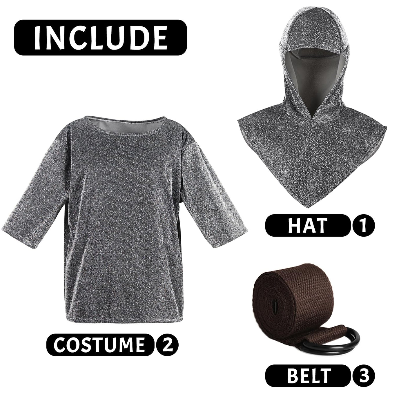 Chain Mail Costume Kids Medieval Knight protective covering Set with Hood & Belt for LARP Halloween Cosplay 3'4''-3'9''