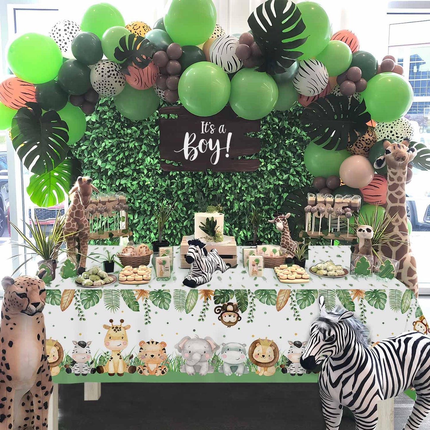 Lopeastar 3Pieces Jungle Safari Tablecloths Animal Print Table Cover, Sage Green Baby Shower Decorations Zoo Birthday Party Supp