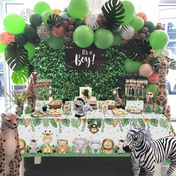 Lopeastar 3Pieces Jungle Safari Tablecloths Animal Print Table Cover, Sage Green Baby Shower Decorations Zoo Birthday Party Supp