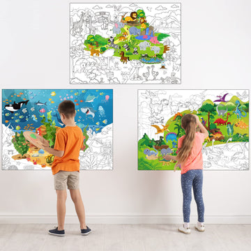 Funrous Set of 3 Jumbo Giant Coloring Poster 45 x 32 Inch Large Table Wall Size Coloring Sheets with Zoo Animal, Ocean Creature,