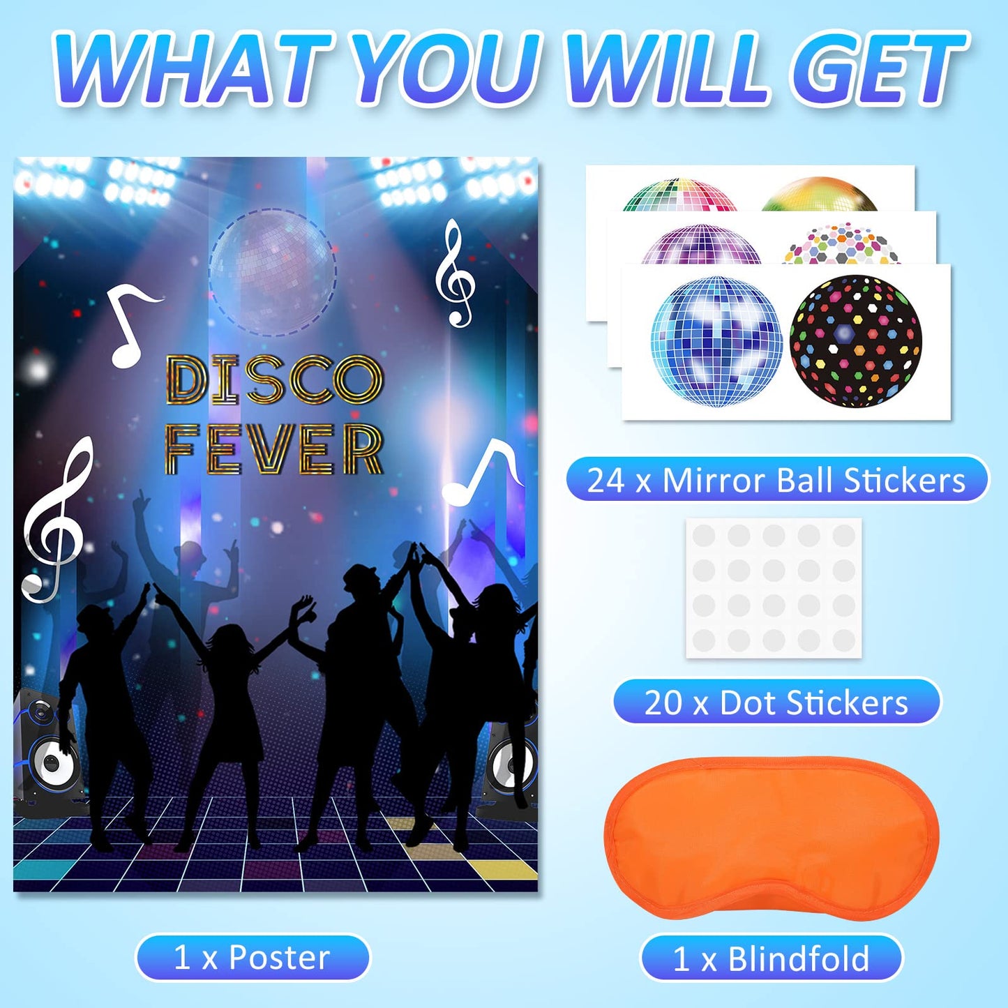 Joarhonal Pin The Mirror Ball On The Disco Party - Disco Party Games For Kids 20'' X 28'' Disco 70S Party Game Poster With 24 Re