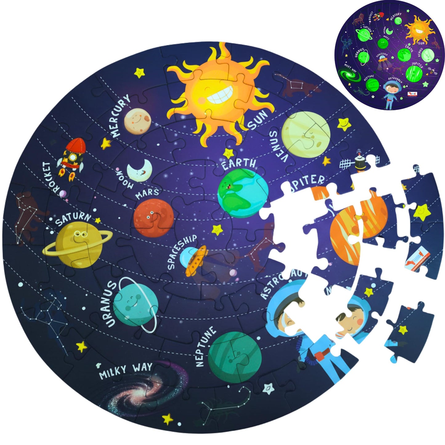 Cocomoco Kids Solar System Puzzle 42 Pcs - Glow In The Dark - Educational Toy Space Puzzles For Kids Ages 2-6 Year Old Boys Girl