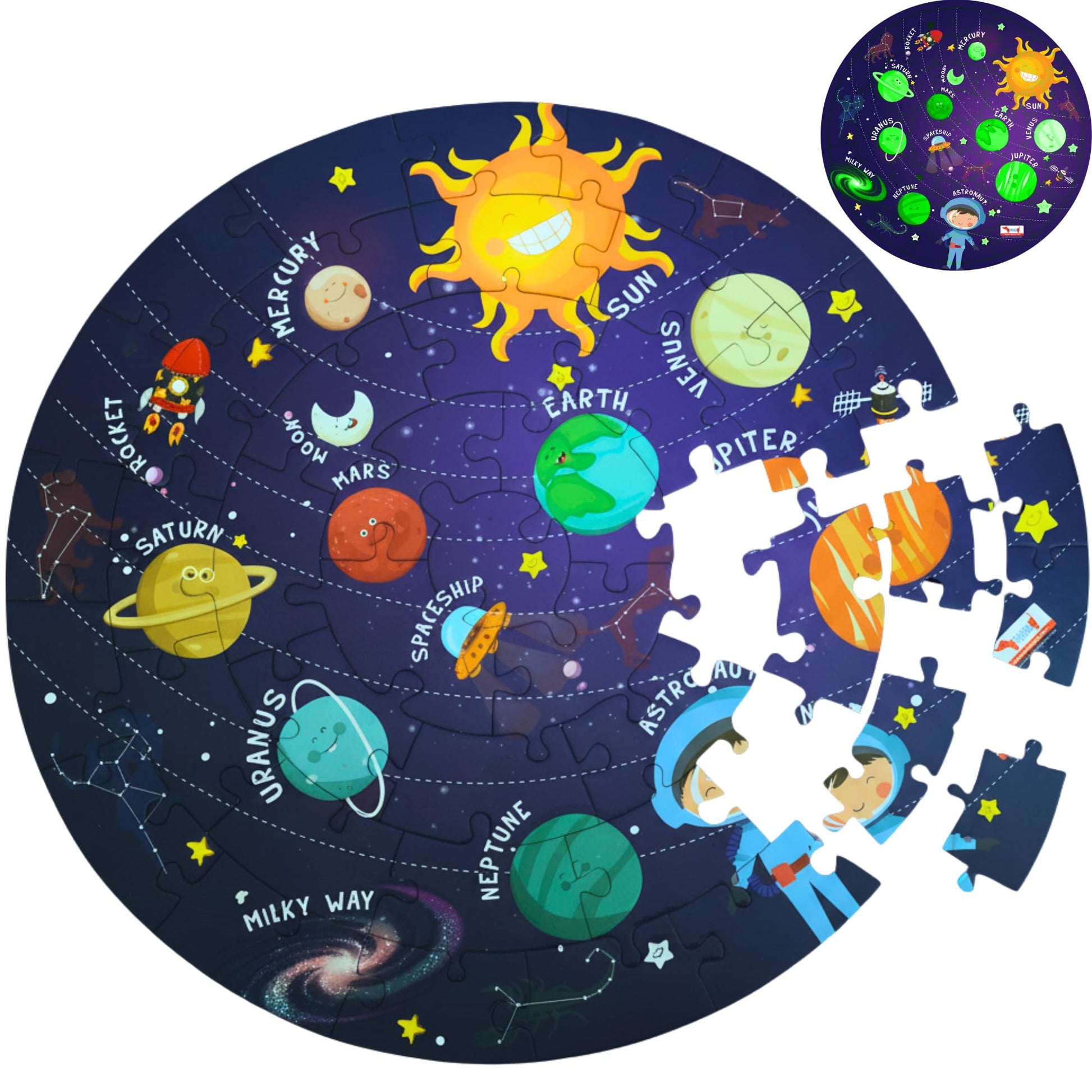 Cocomoco Kids Solar System Puzzle 42 Pcs - Glow In The Dark - Educational Toy Space Puzzles For Kids Ages 2-6 Year Old Boys Girl