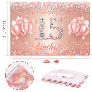 Happy 15Th Birthday Banner Backdrop - 15 Birthday Party Decorations Supplies For Girls Or Boys - Rose Gold 4 X 11Ft