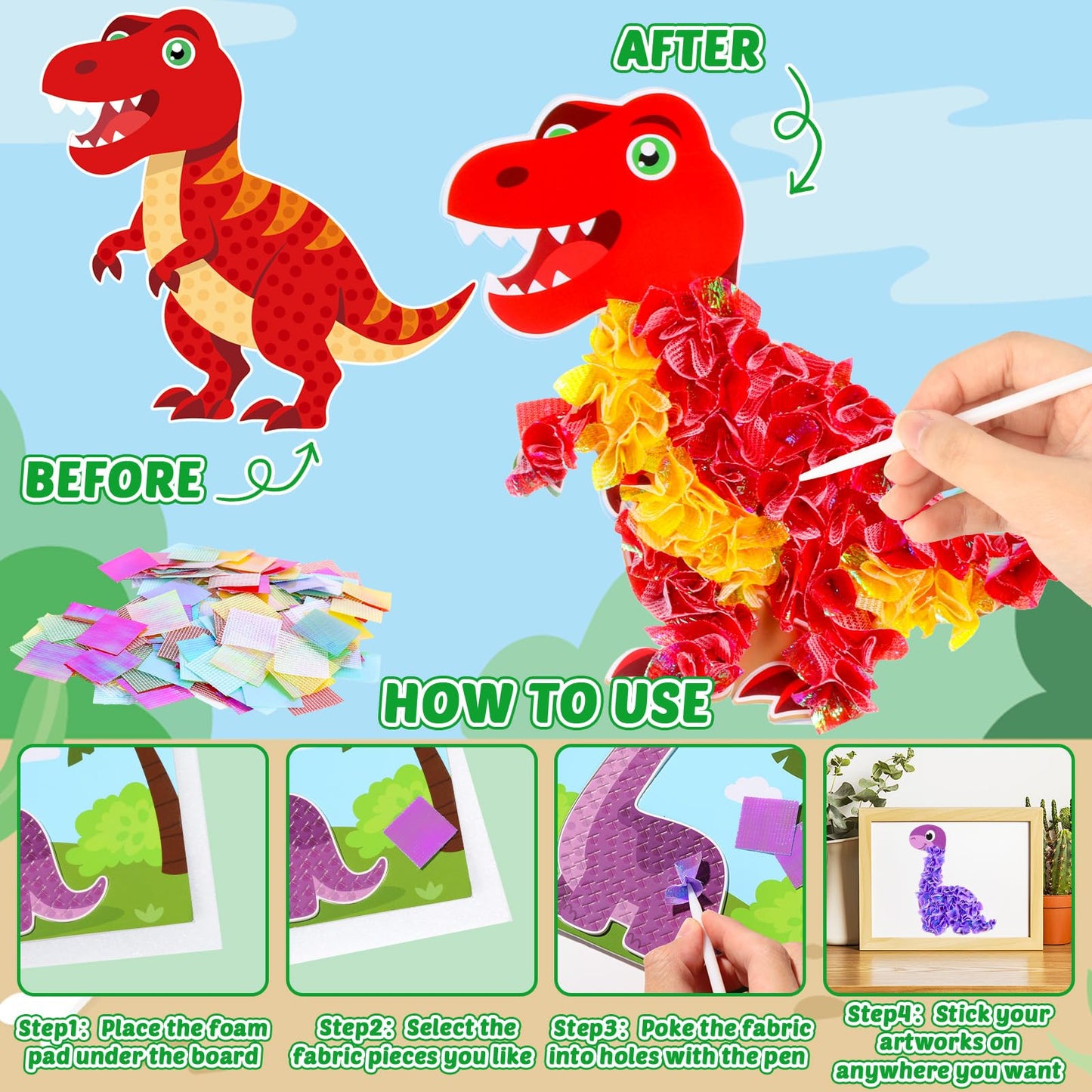 Lonfliness 8PCS Dinosaur Theme Art Kit, No-Mess Sewing Puzzle, 7.9x5.9 inches, Colorful Foam & Fabric, Model LF0870