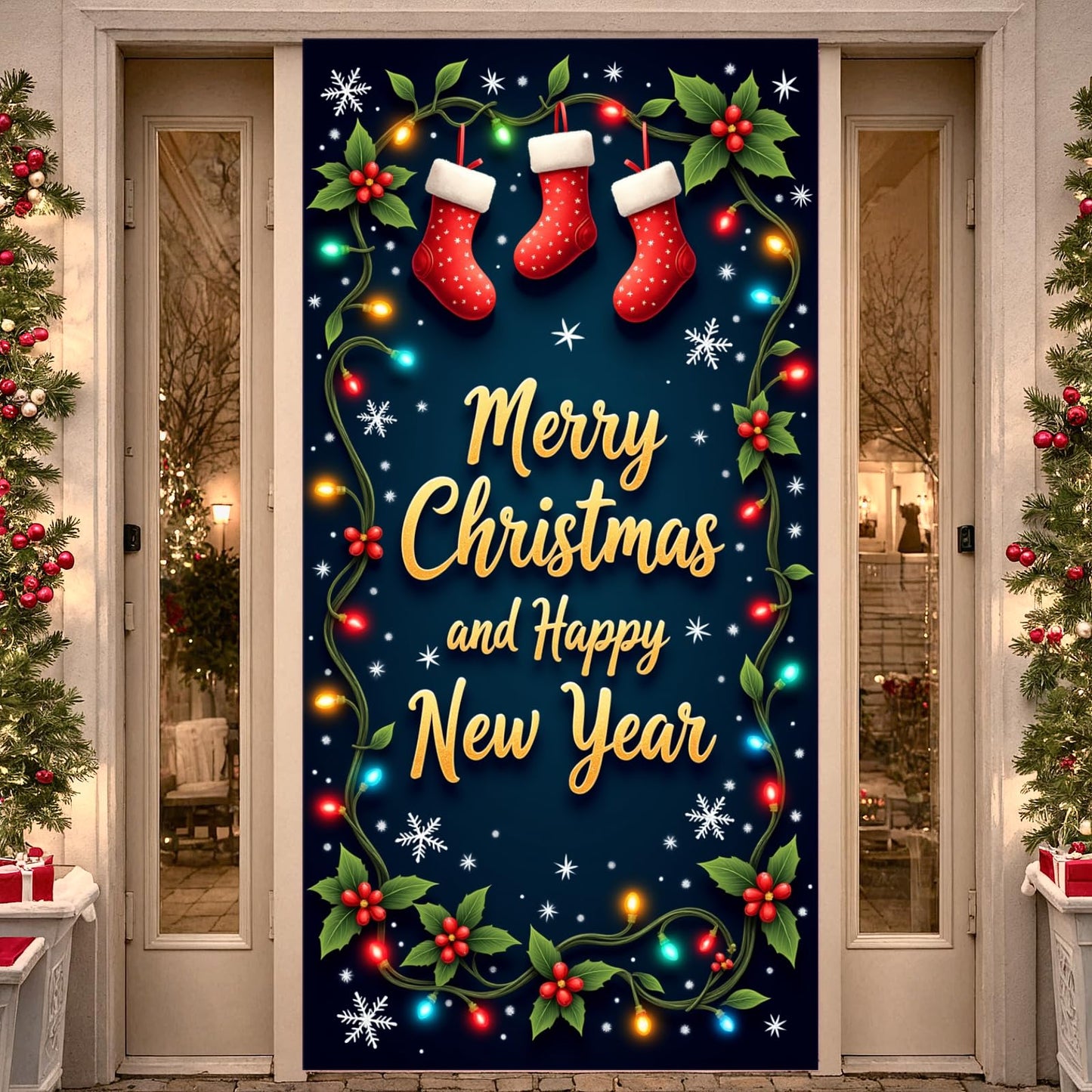 Large Merry Christmas Door Cover Christmas Stockings Door Banner Happy New Year Porch Hanging Backdrop for Xmas Party Supplies W