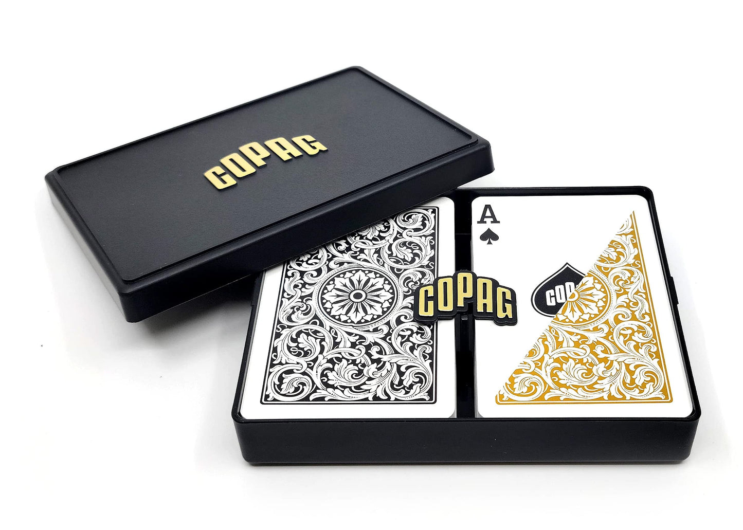 Copag 1546 Design 100% Plastic Playing Cards, Bridge Size (Narrow) Black/Gold (Standard Index, 6 Sets)