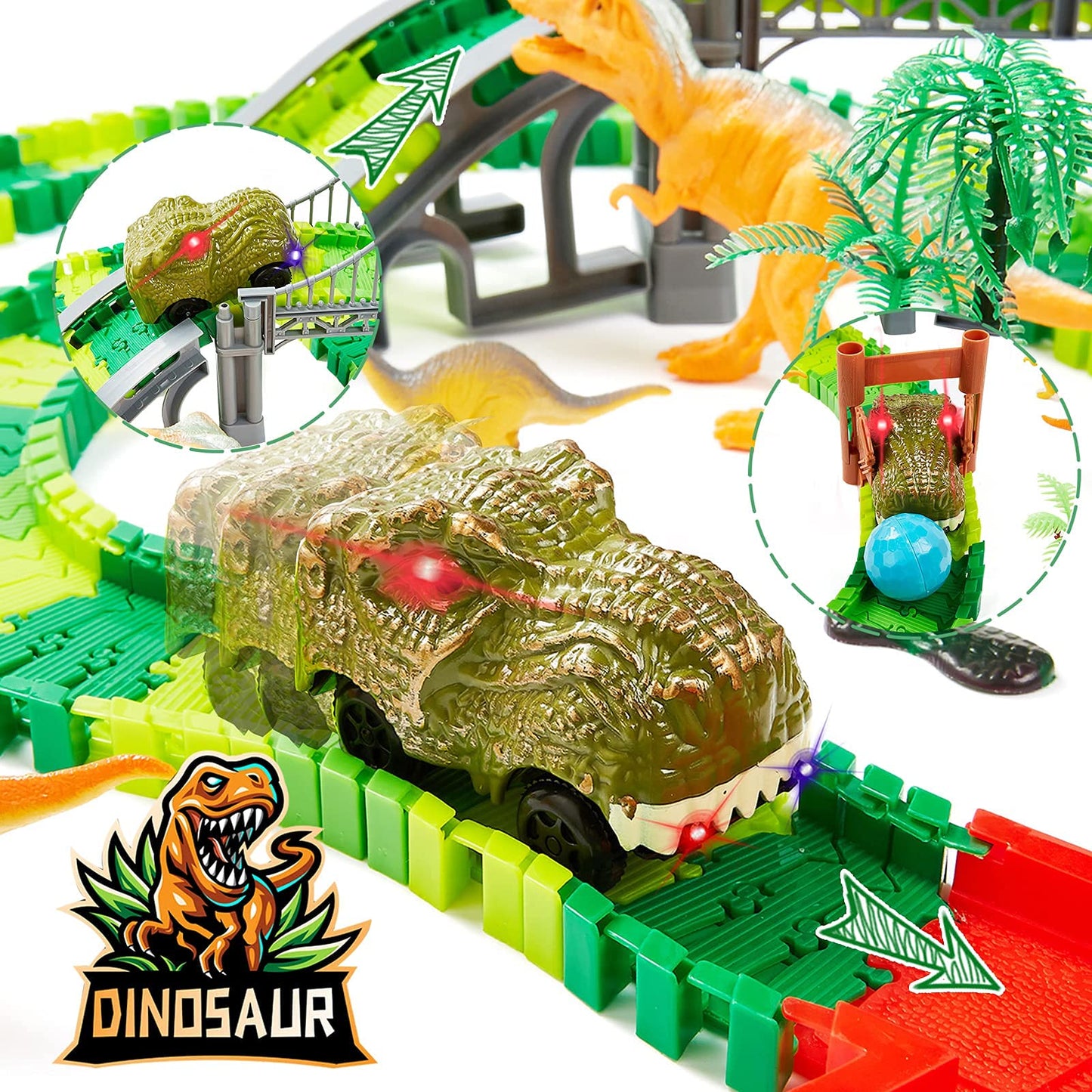 BEMITON Dinosaur Race Car Track Set - 273+ Pcs ABS Toys for Kids, Blue, Model 668-27A, Perfect Christmas Birthday Gifts for Ages 3-7