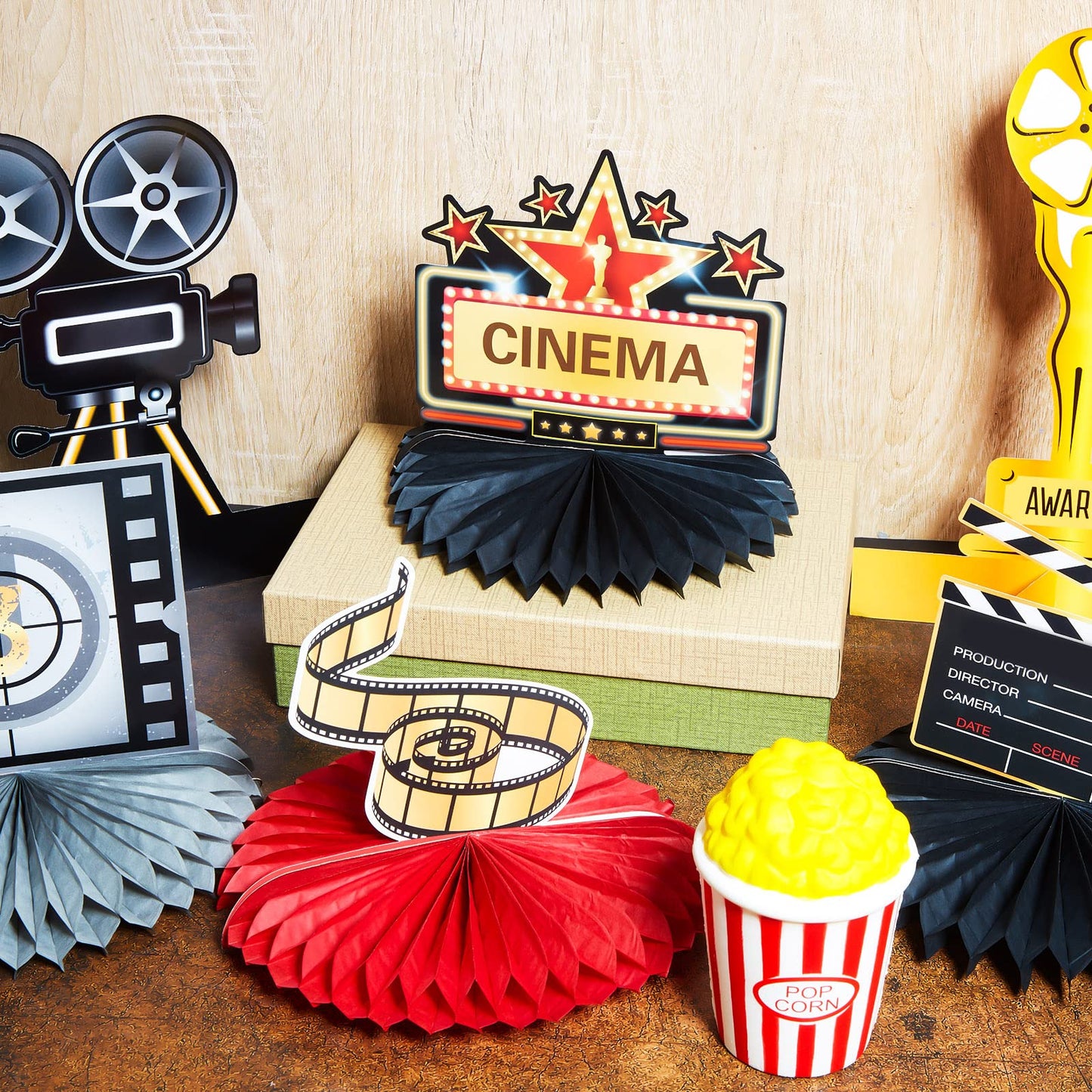 12 Pieces Movie Honeycomb Centerpiece Movie Night Party Decoration Microphone Ticket Star Video Paper Centerpiece Sign Movie Nig