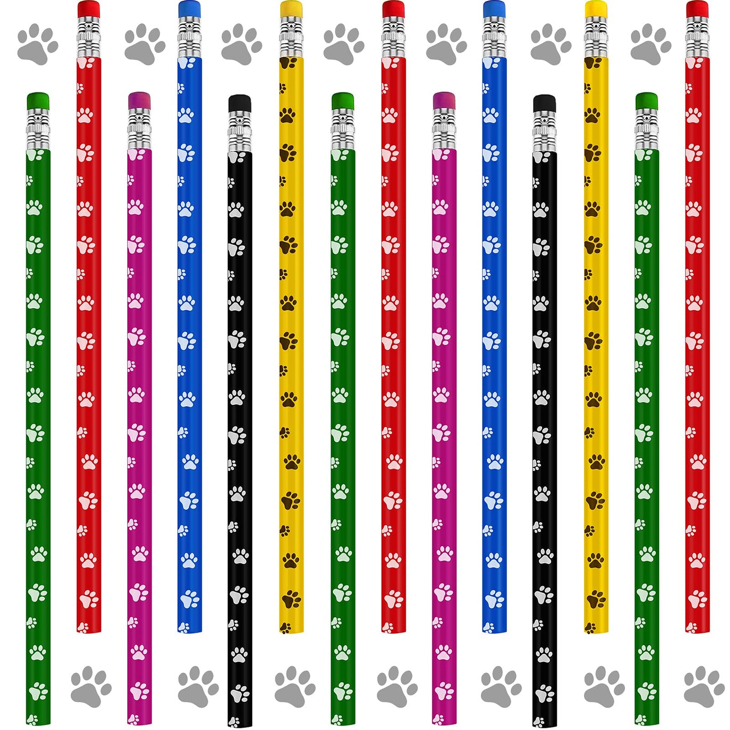 Censen 48 Pieces Operation Christmas Gifts Paw Print Pencil Eraser Sets 6 Colors Wooden Pencils for Kids Dog Themed Birthday Par