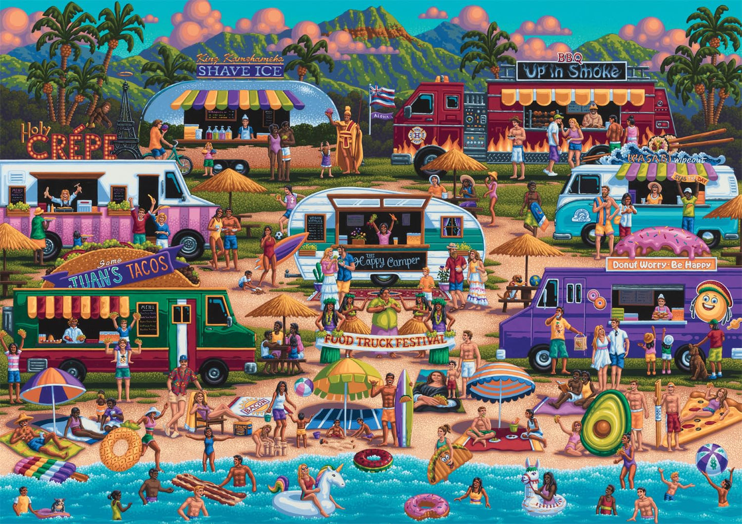 Buffalo Games Pun Fuzzles Hawaiian Food Truck Festival 300-Piece Jigsaw Puzzle - Large Multicolor - Challenging Fun for Game Nights