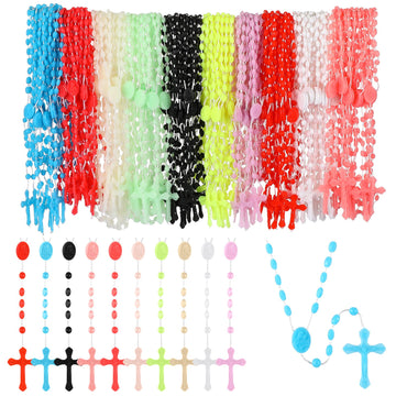 Meooeck 100 Pack Cross Necklaces Bulk Rosary Beads For Church Welcome Gifts Present Plastic Cross Rosary Necklace Prayer Crossed
