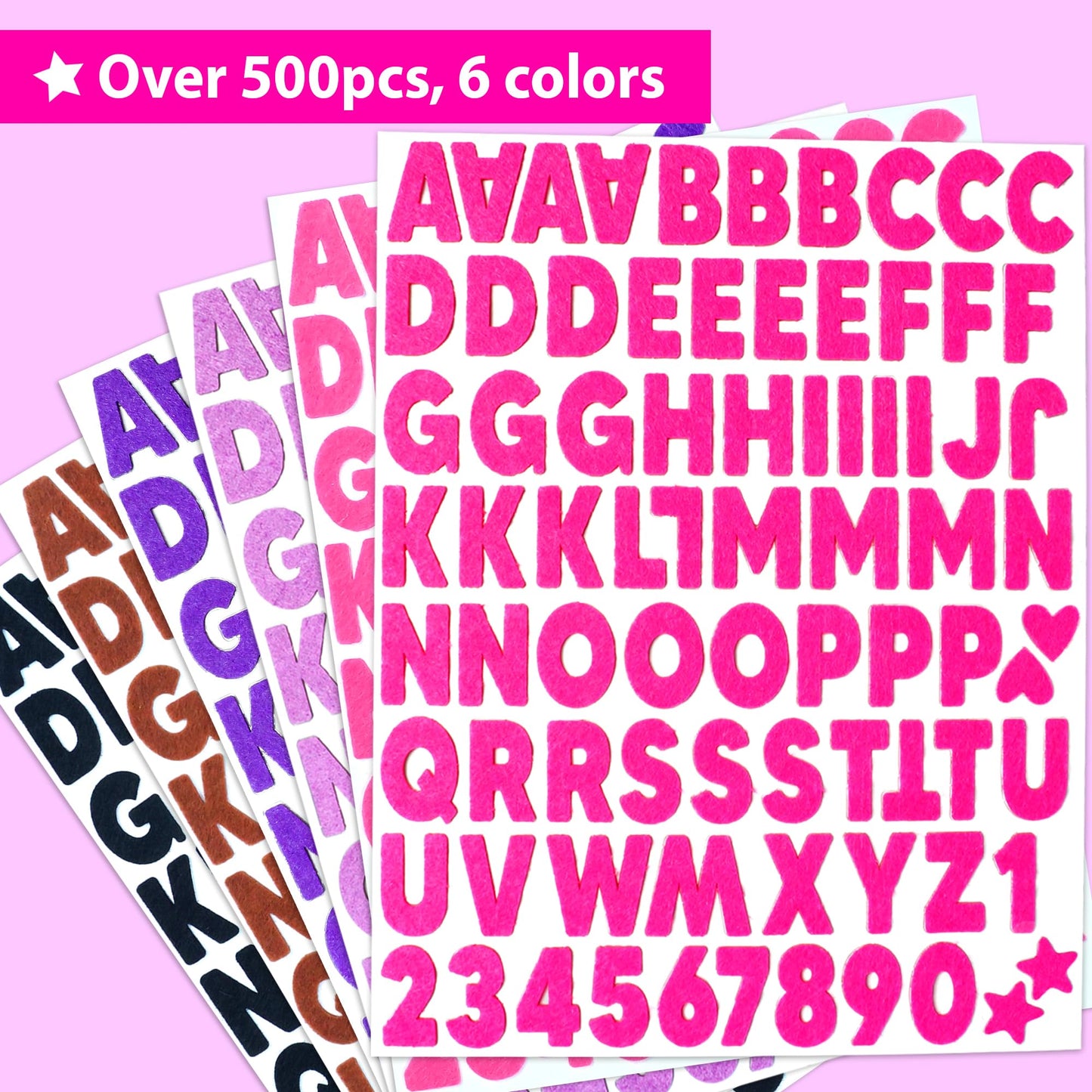 KRAFUN Black and Pink Felt Sticker Kit for Beginner Young Girls and Kids Arts & Crafts, Pack of 500+ Assorted Scrapbook Stickers