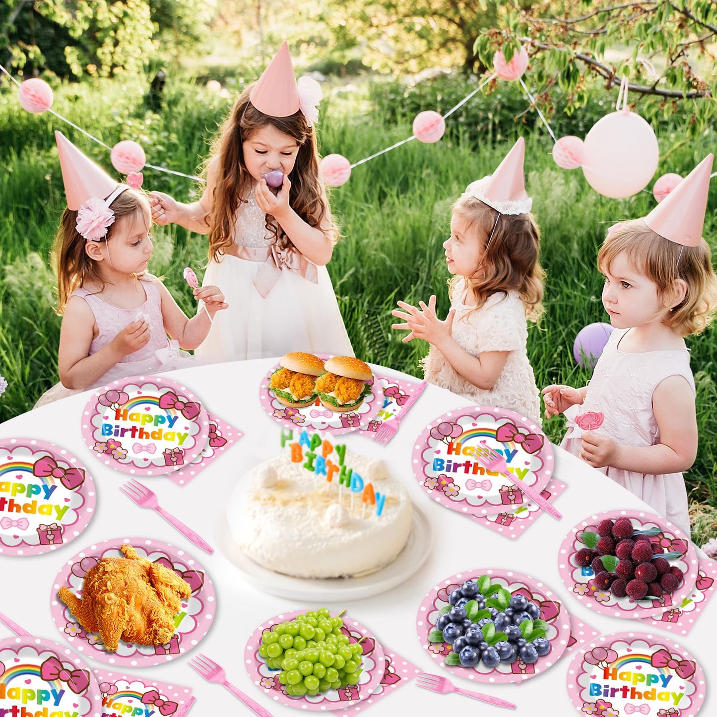 96Pcs Pink Cat Birthday Party Supplies Cartoon Cute Cat Paper Plates and Napkins Pink Bow Rainbow Disposable Tableware Set for B