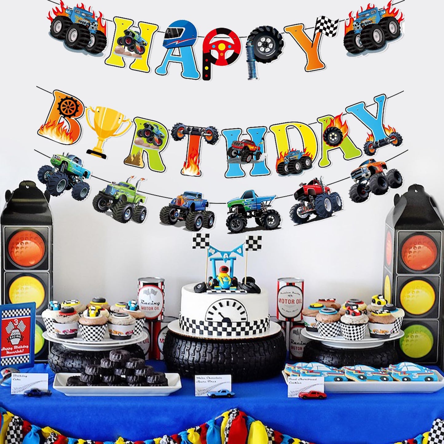 Zwiebeco Birthday Party Decoration Supplies Colorful Happy Birthday Sign Banner Trucks Off-Road Vehicles Banner Hanging Paper Ba