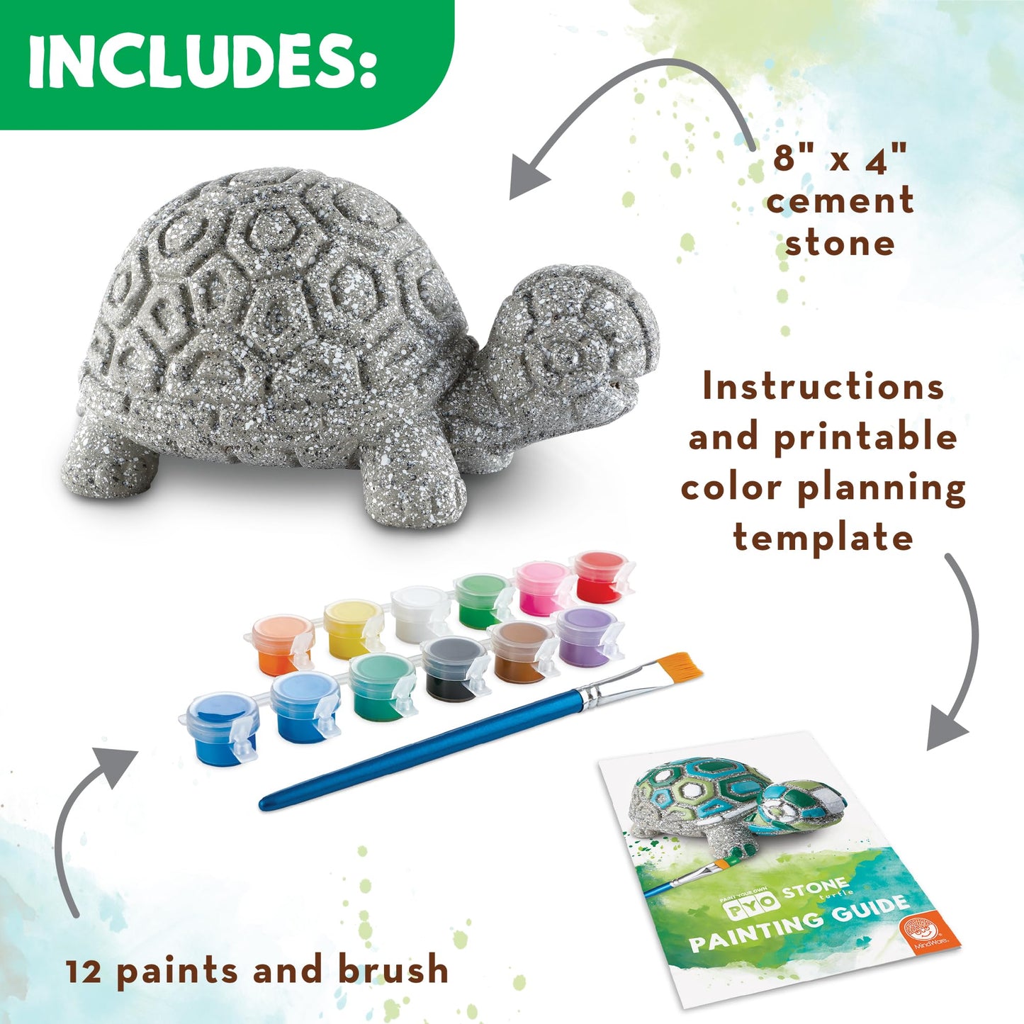 MindWare Paint Your Own Stone Decor: Box Turtle - DIY Craft Kit for Kids Includes Weather Resistant Stone, Paints and Brushes