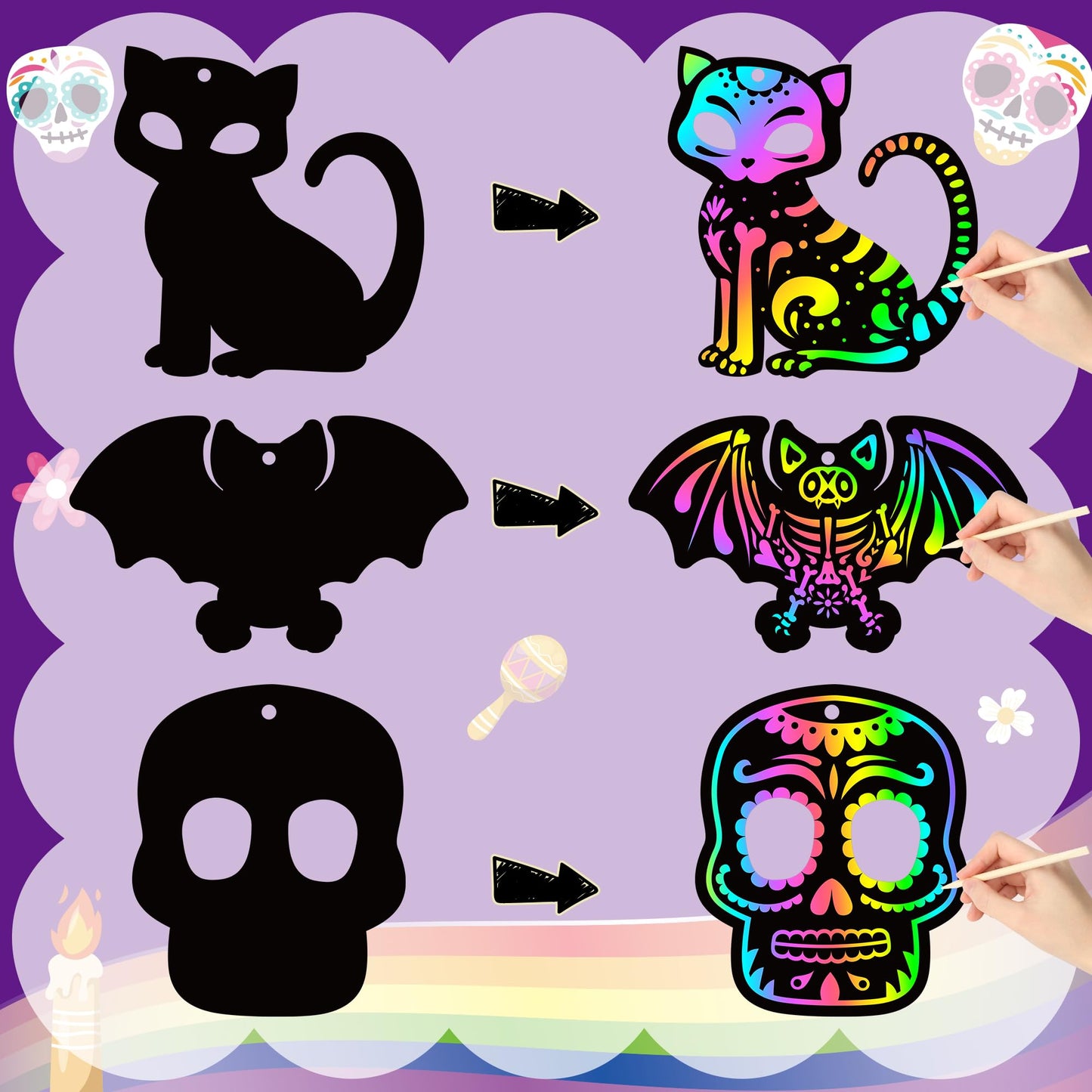 CY2SIDE 60PCS Day of The Dead Skeleton Scratch Card Gift Set for Kid, DIY Mexican Fiesta Scratch Paper Kit for Student School Ac