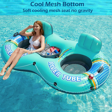 Jasonwell Inflatable River Tube Float - 2 Person Heavy Duty River Float Pool Floats With Removable Cooler Lake Water Tubes For Floating River Raft Lounge Floatie With 2 Cup Holders For Adults (Cyan)