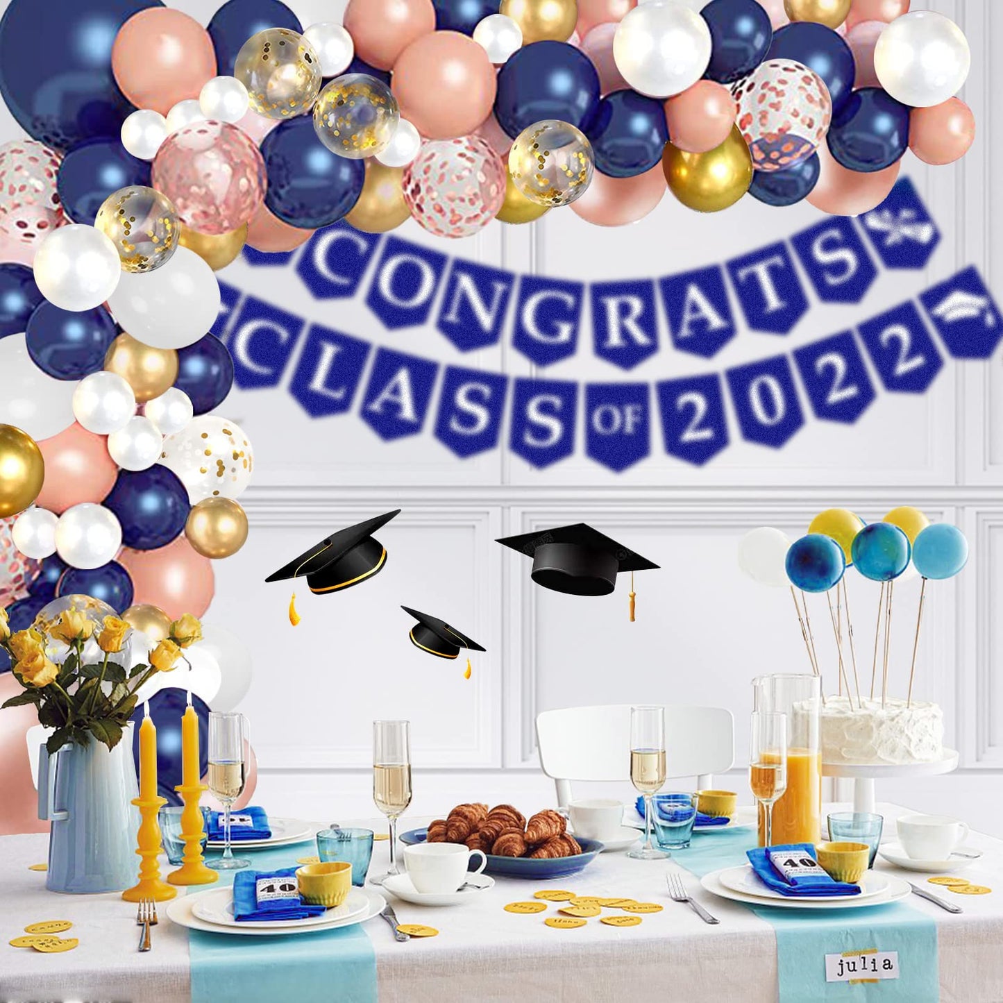68 Pack Navy Blue Rose Gold Confetti Latex Balloons, 12 Inch Birthday Balloons With 65 Feet Balloon Ribbon For Birthday Party Wedding Graduation Bridal Shower Decorations