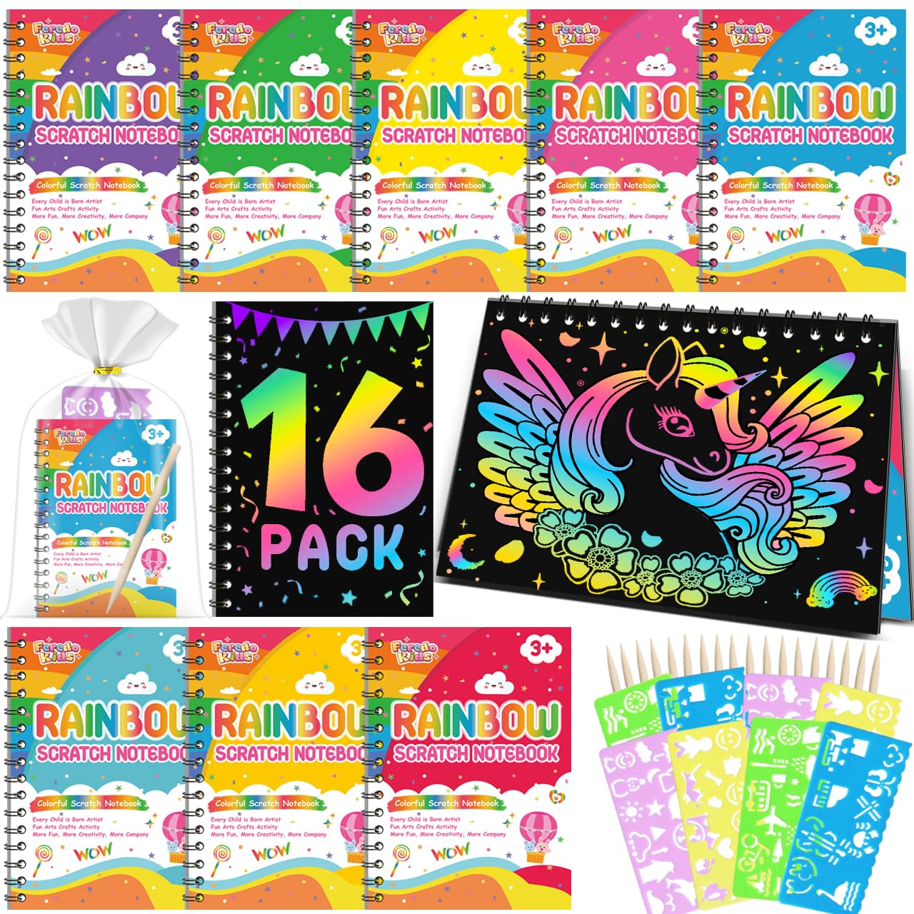 Scratch Art Party Favors For Kids: 16 Pack Rainbow Scratch Notebook Kids Art Supplies For Girls Boys 4-8 Years Old Kids Birthday