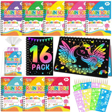 Scratch Art Party Favors For Kids: 16 Pack Rainbow Scratch Notebook Kids Art Supplies For Girls Boys 4-8 Years Old Kids Birthday