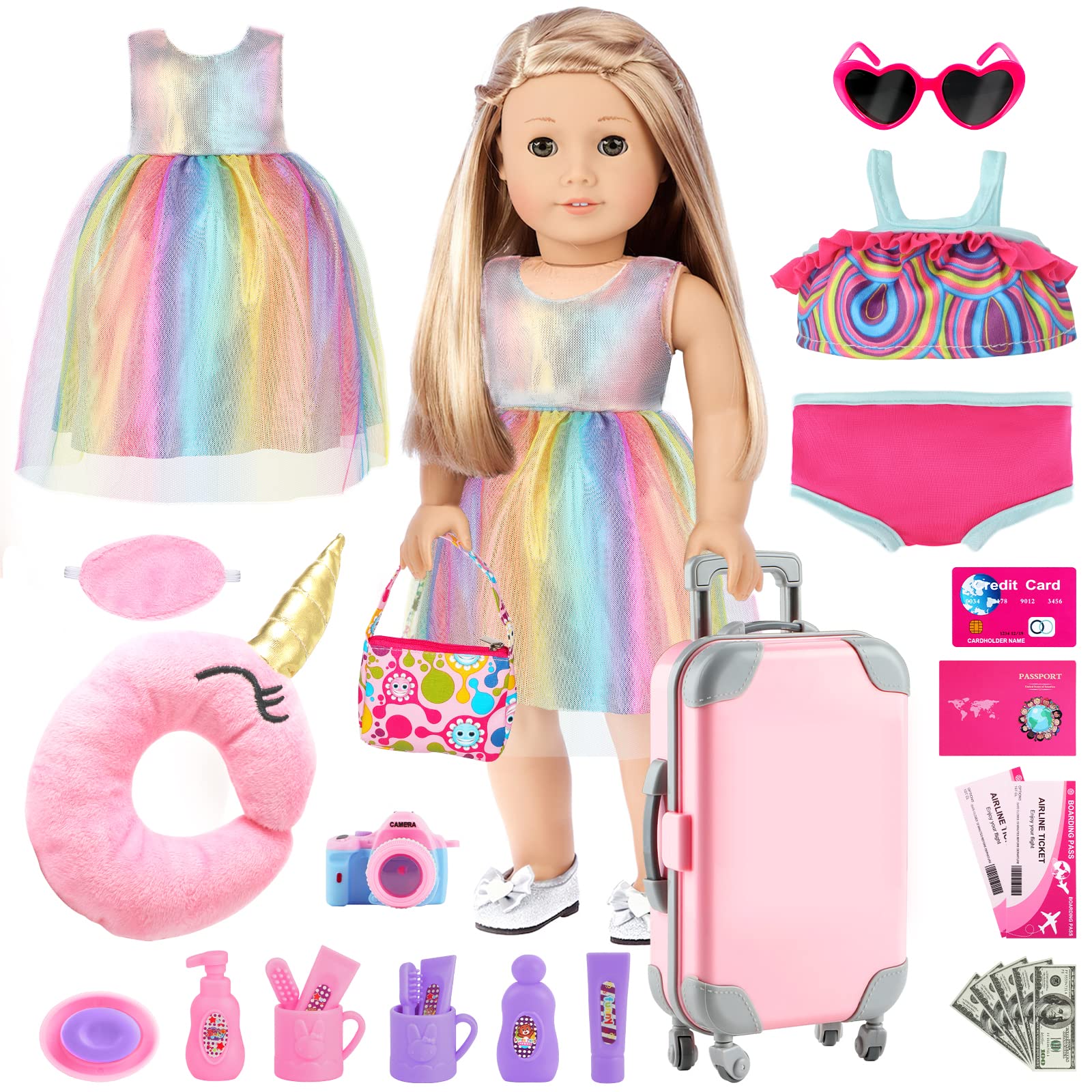 Giftinbox 29Pcs 18 Inch Girl Doll Clothes And Accessories-Travel Play Set For Dolls, Doll Stuff With Clothes, Luggage, Swimsuit,