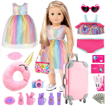 Giftinbox 29Pcs 18 Inch Girl Doll Clothes And Accessories-Travel Play Set For Dolls, Doll Stuff With Clothes, Luggage, Swimsuit,