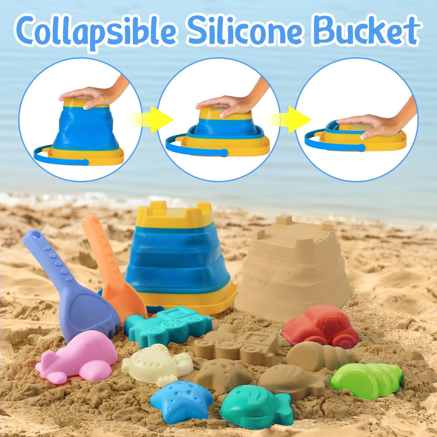 Collapsible Beach Toys Sand Set Collapsible Sand Bucket And Shovels Set With Mesh Bag & Molds Sandbox Toys For Kids Boy Ages 4-8